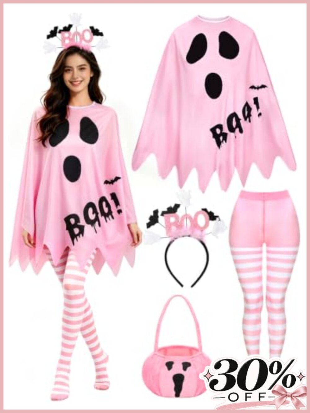 Ghost Costume Accessory Set Poncho Headband Bag Tights